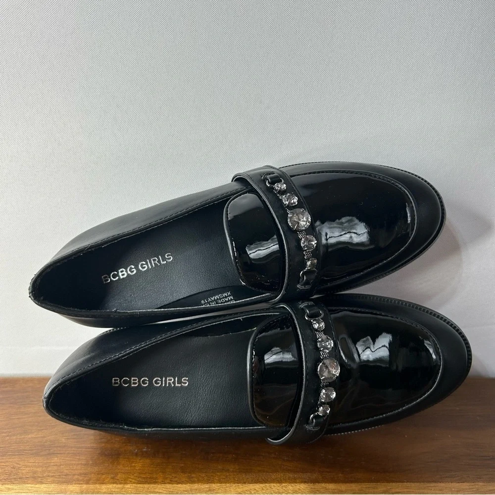 BCBG Girls Shoes Girls 2 Black Loafers Stacy Classic Chic Rhinestones Party Pics